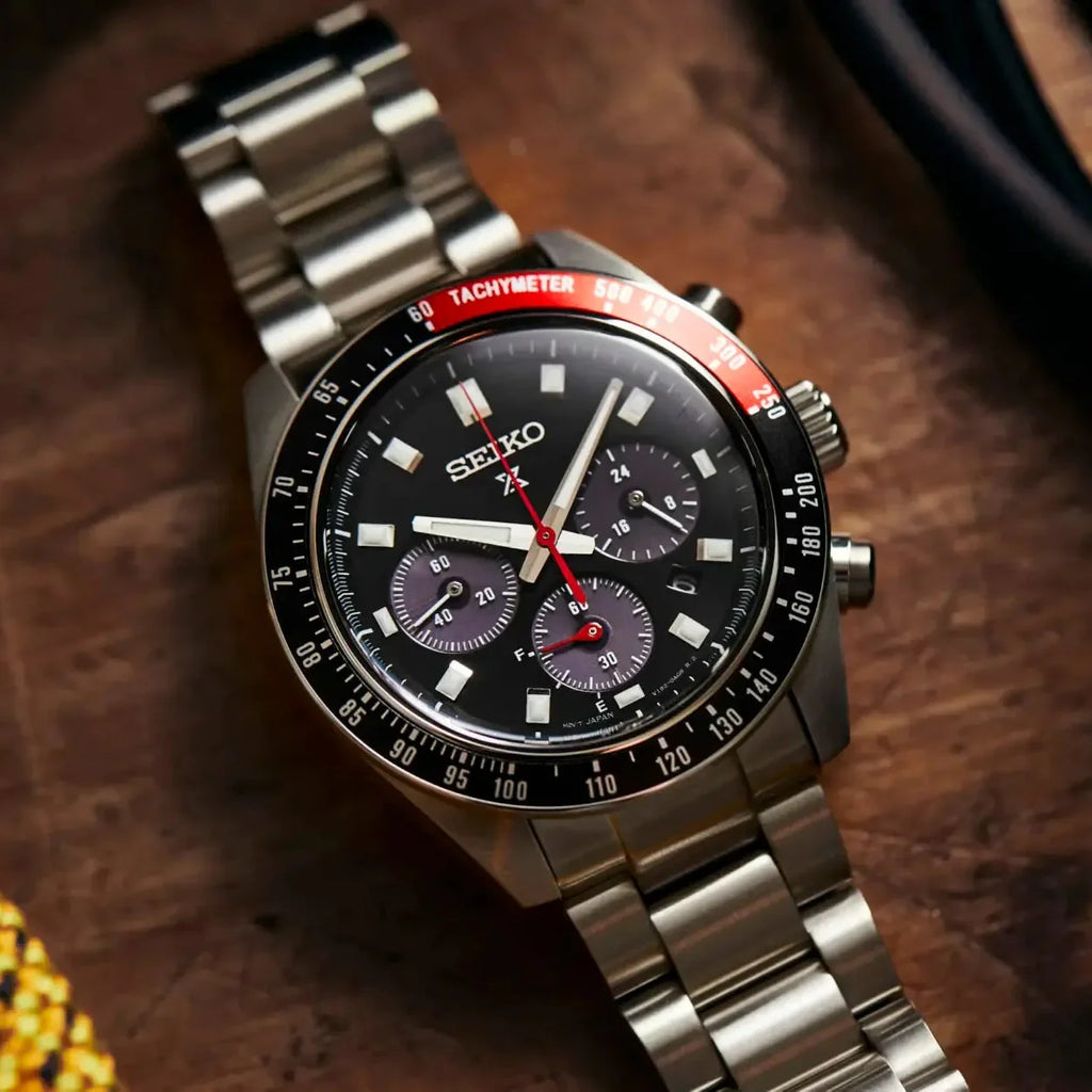 Seiko Prospex Speedtimer Solar Chronograph Black Dial Silver Steel Strap Watch for Men - SSC915