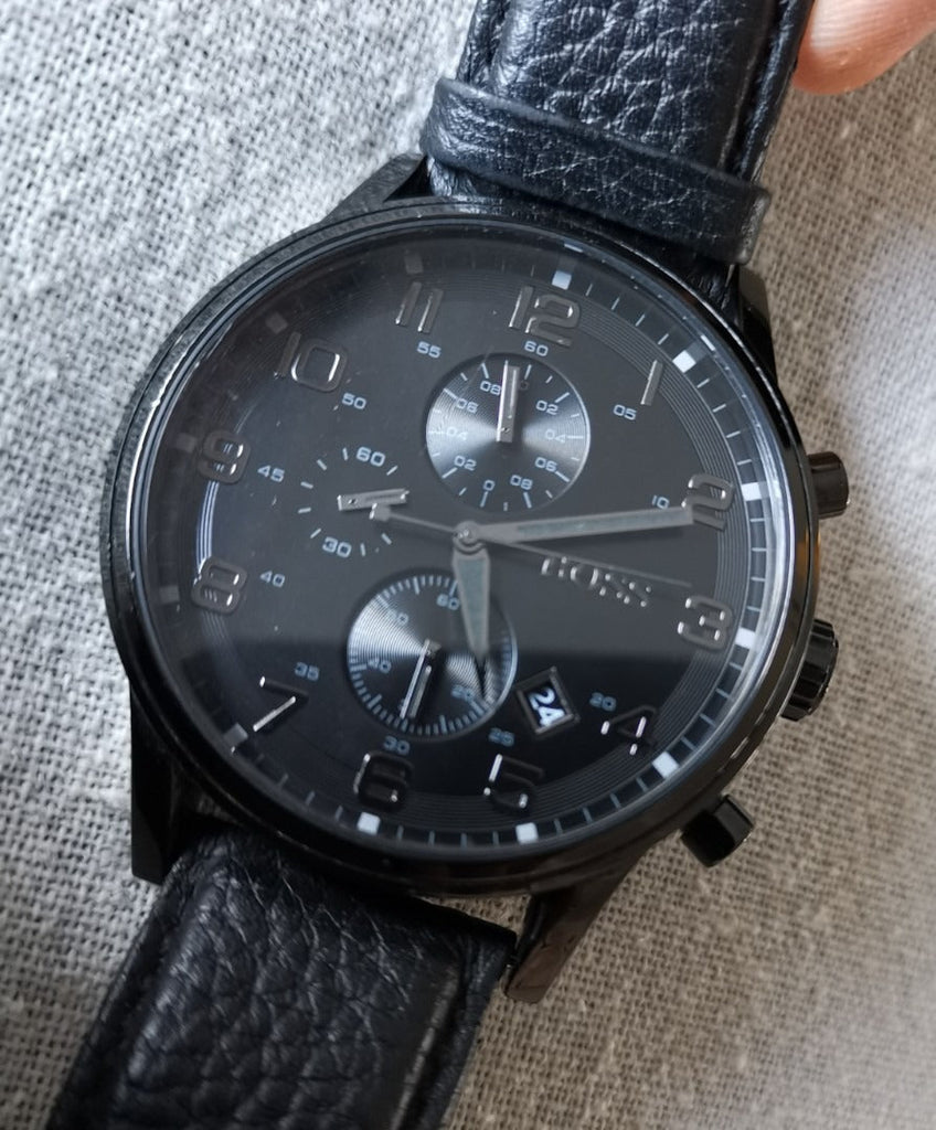 Hugo Boss Aeroliner Chronograph Black Dial Black Leather Strap Watch for Men - 1512567