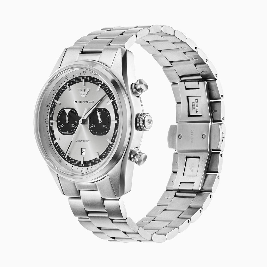 Emporio Armani Racer Chronograph Silver Dial Silver Steel Strap Watch for Men - AR11636