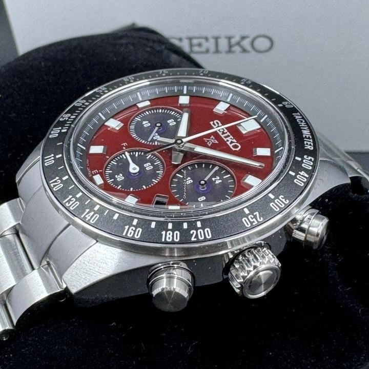 Seiko Prospex US Special Edition Speedtimer Solar Chronograph Red Dial Silver Steel Strap Watch for Men - SSC927