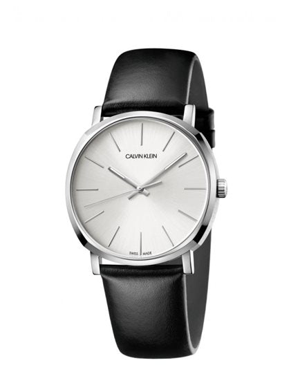 Calvin Klein Posh Silver Dial Black Leather Strap Watch for Men - K8Q311C6