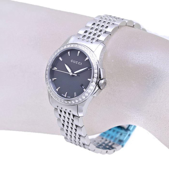 Gucci G Timeless Diamonds Mother of Pearl Black Dial Silver Mesh Bracelet Watch For Women - YA126507