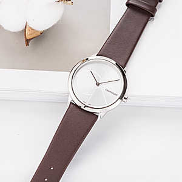 Calvin Klein Minimal Silver Dial Brown Leather Strap Watch for Men - K3M221G6