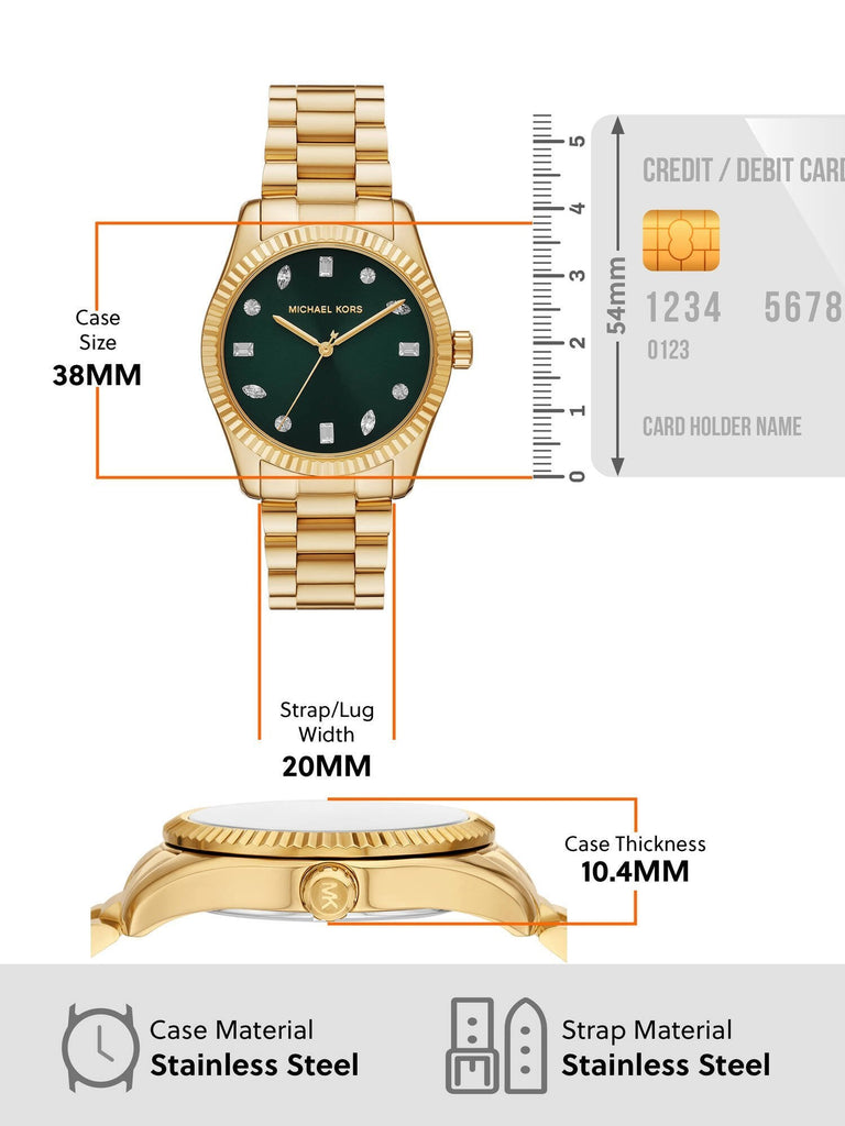 Michael Kors Lexington Three Hand Green Dial Gold Steel Strap Watch For Women - MK7449