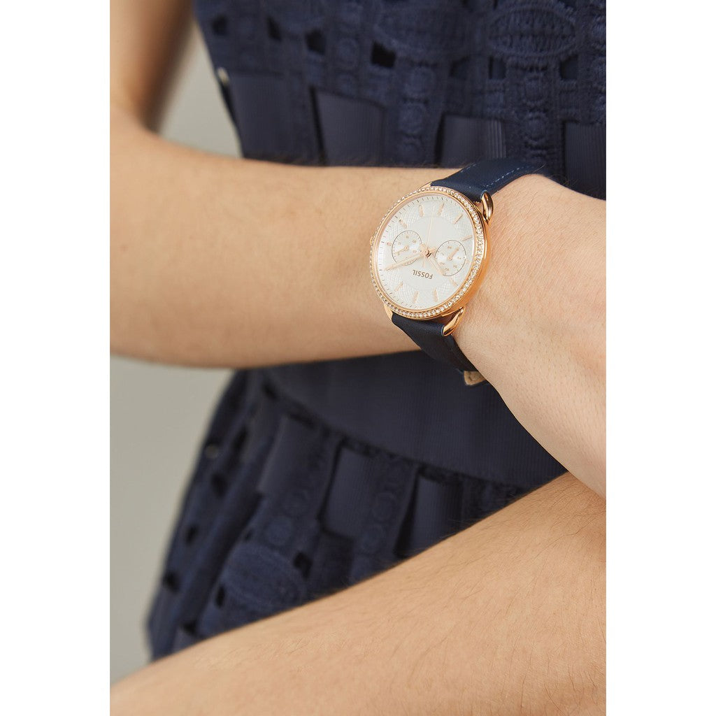 Fossil Tailor White Dial Blue Leather Strap Watch for Women - ES4394