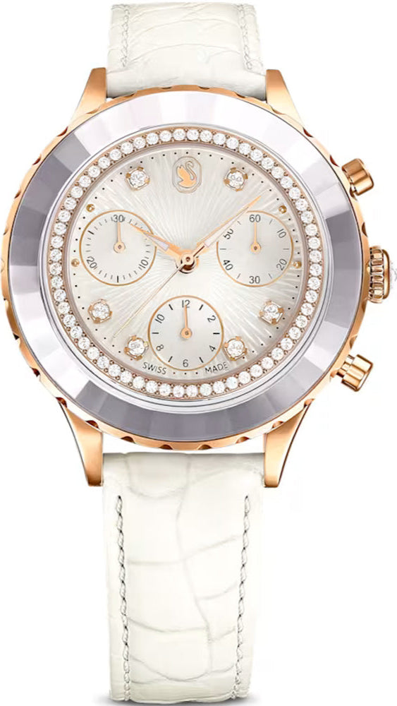 Swarovski Octea Chrono Crystals White Dial White Leather Strap Watch for Women - 5671150