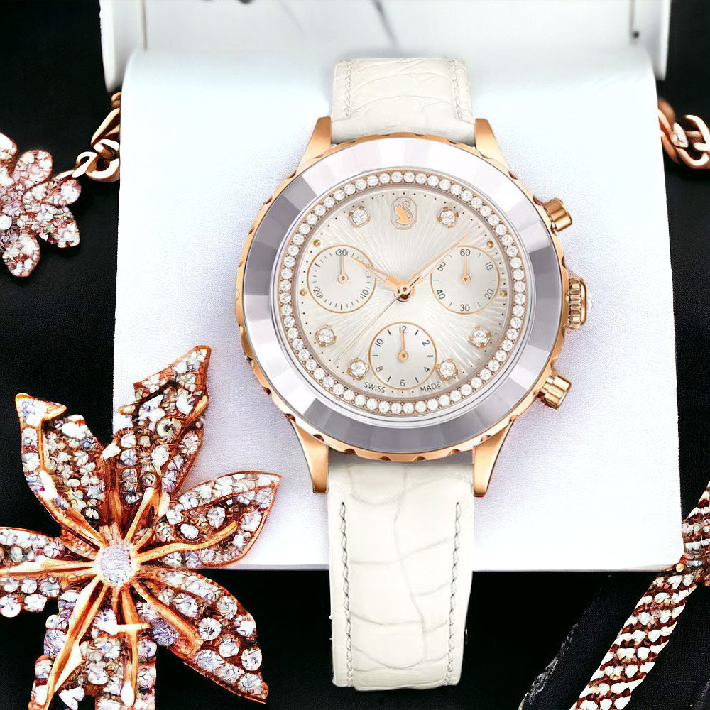 Swarovski Octea Chrono Crystals White Dial White Leather Strap Watch for Women - 5671150