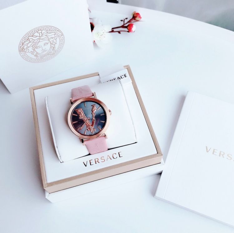 Versace Virtus Quartz Grey Dial Pink Leather Strap Watch for Women - VEHC00319