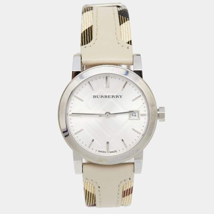 Burberry The City White Dial Beige Leather Strap Watch for Women - BU9132