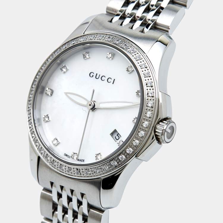 Gucci G Timeless Diamonds Mother of Pearl Dial Silver Mesh Bracelet Watch For Women - YA126508