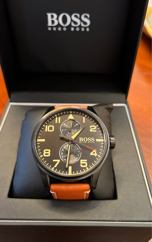 Hugo Boss Aeroliner Maxx Chronograph Black Dial Brown Leather Strap Watch For Men - 1513082