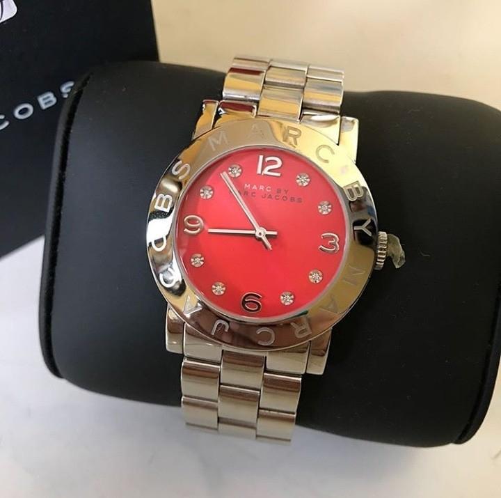Marc Jacobs Amy Red Dial Silver Steel Strap Watch for Women - MBM3302