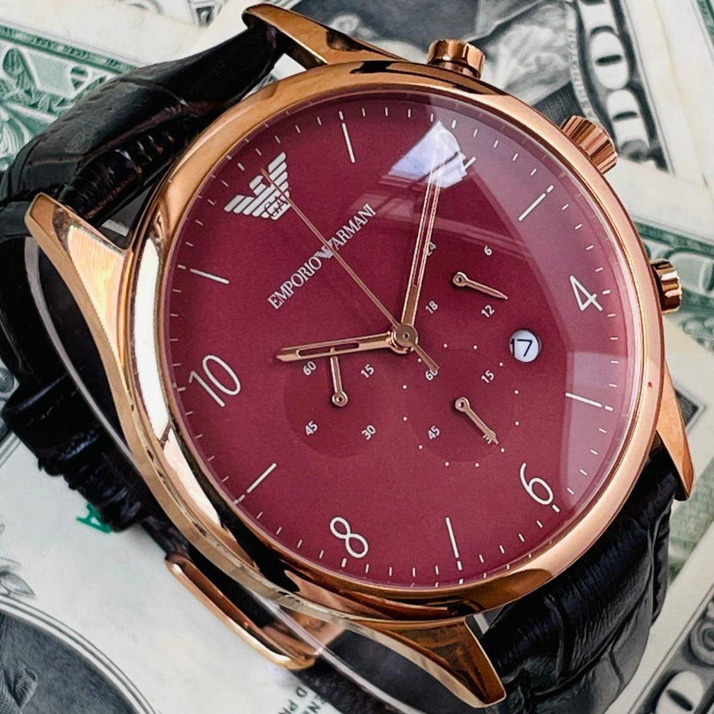 Emporio Armani Classic Chronograph Burgundy Dial Brown Leather Strap Watch For Men - AR1890