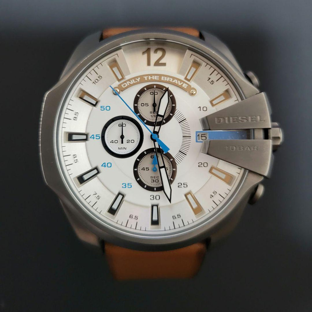 Diesel Mega Chief Chronograph White Dial Brown Leather Strap Watch For Men - DZ4280