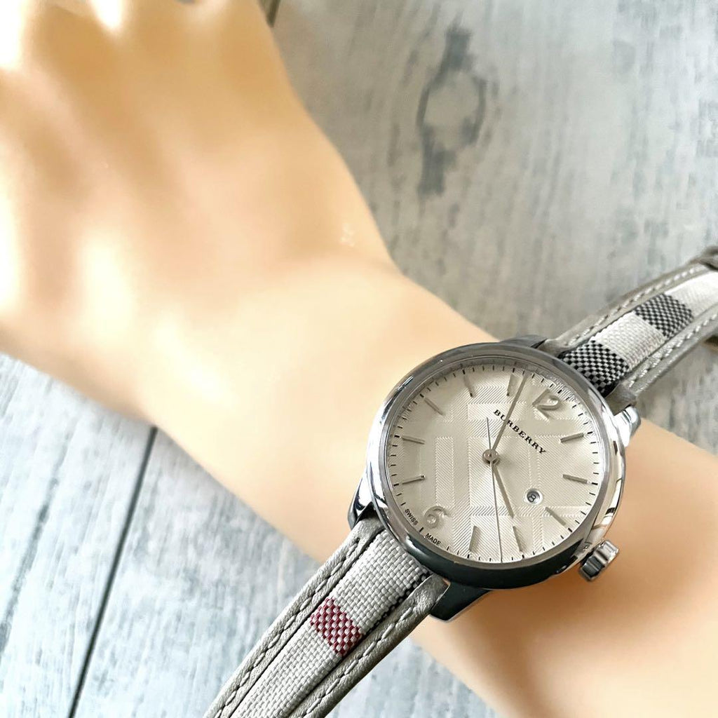 Burberry The Classic Guilloche Silver Dial Grey Leather Strap Watch for Women - BU10113