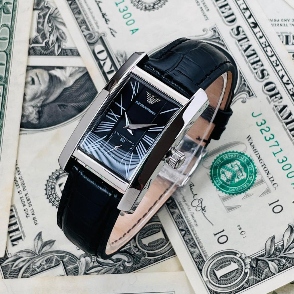 Emporio Armani Classic Black Dial Black Leather Strap Watch For Women - AR0144