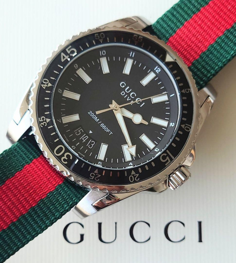 Gucci Dive Black Dial Two Tone NATO Strap Watch For Men - YA136206