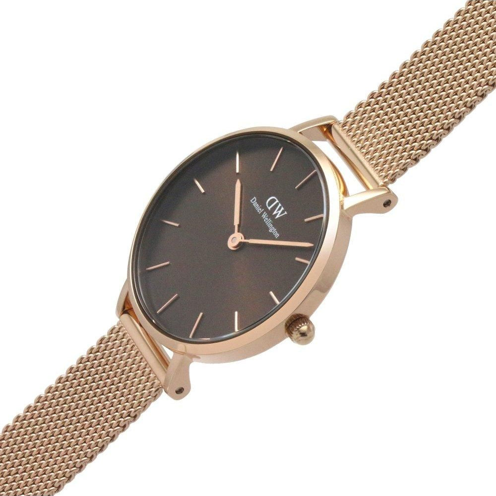 Daniel Wellington Petite Amber Brown Dial Gold Mesh Strap Watch For Women - DW00100476