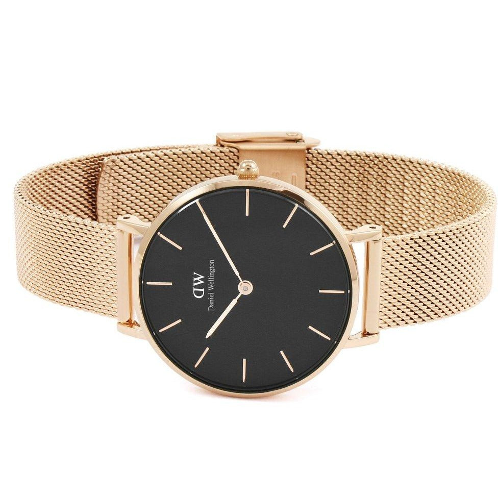 Daniel Wellington Classic Melrose Black Dial Rose Gold Mesh Bracelet Watch For Women - DW00100161