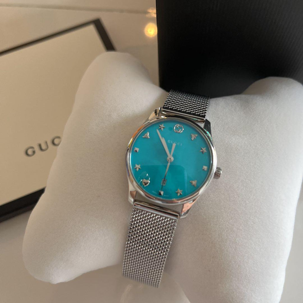 Gucci G-Timeless Turquiose Mother of Pearl Dial Silver Mesh Bracelet Watch For Women - YA1264039