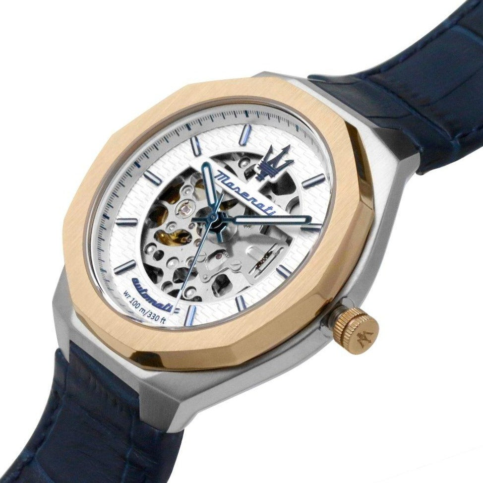 Maserati Stile Automatic Limited Edition White Dial Blue Leather Strap Watch For Men - R8821142001
