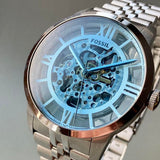 Fossil Townsman Automatic Skeleton Blue Dial Silver Steel Strap Watch for Men - ME3073