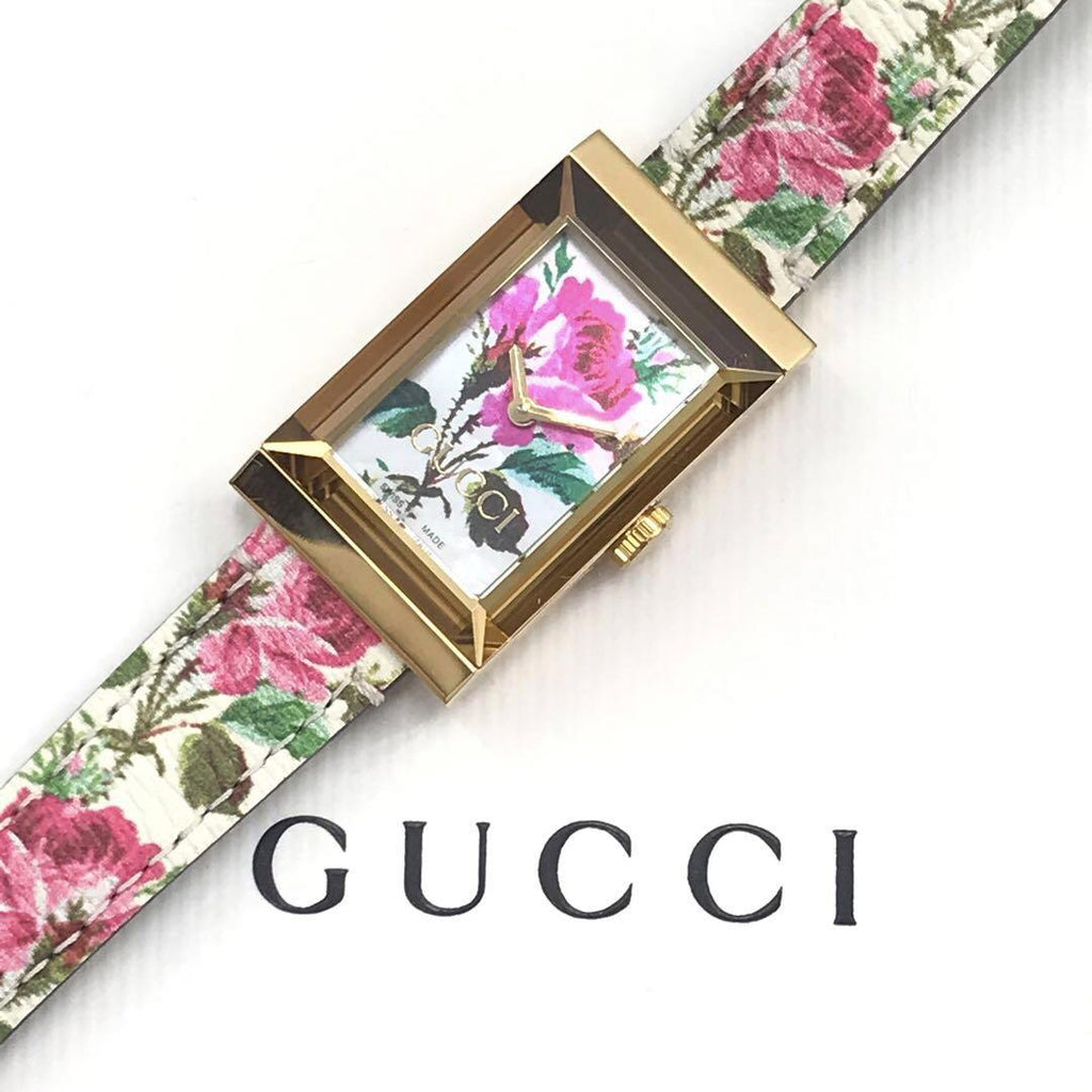 Gucci G-Frame Floral Mother of Pearl Dial White Leather Strap Watch For Women - YA147406