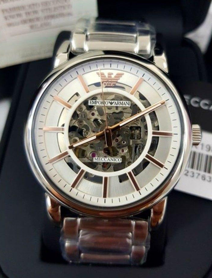 Emporio Armani Meccanico Skeleton Silver Dial Silver Steel Strap Watch For Men - AR1980