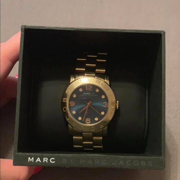 Marc Jacobs Amy Blue Dial Gold Steel Strap Watch for Women - MBM3166