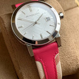 Burberry The City White Dial Haymarket Pink Leather Strap Watch for Women - BU9149