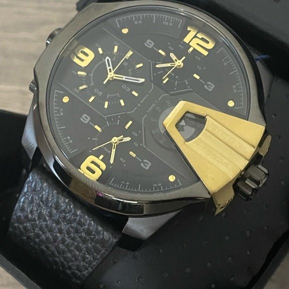 Diesel Uber Chief Two Hand Black Dial Black Leather Strap Watch For Men - DZ7377