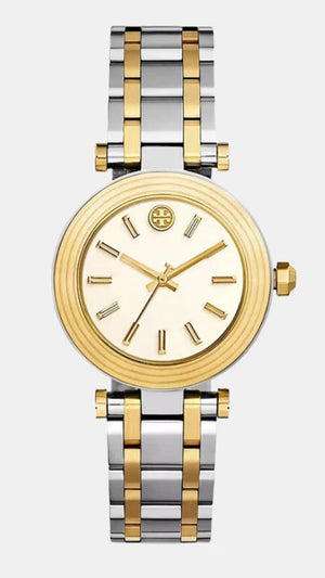 Tory Burch Classic T White Dial Two Tone Steel Strap Watch for Women - TBW9014