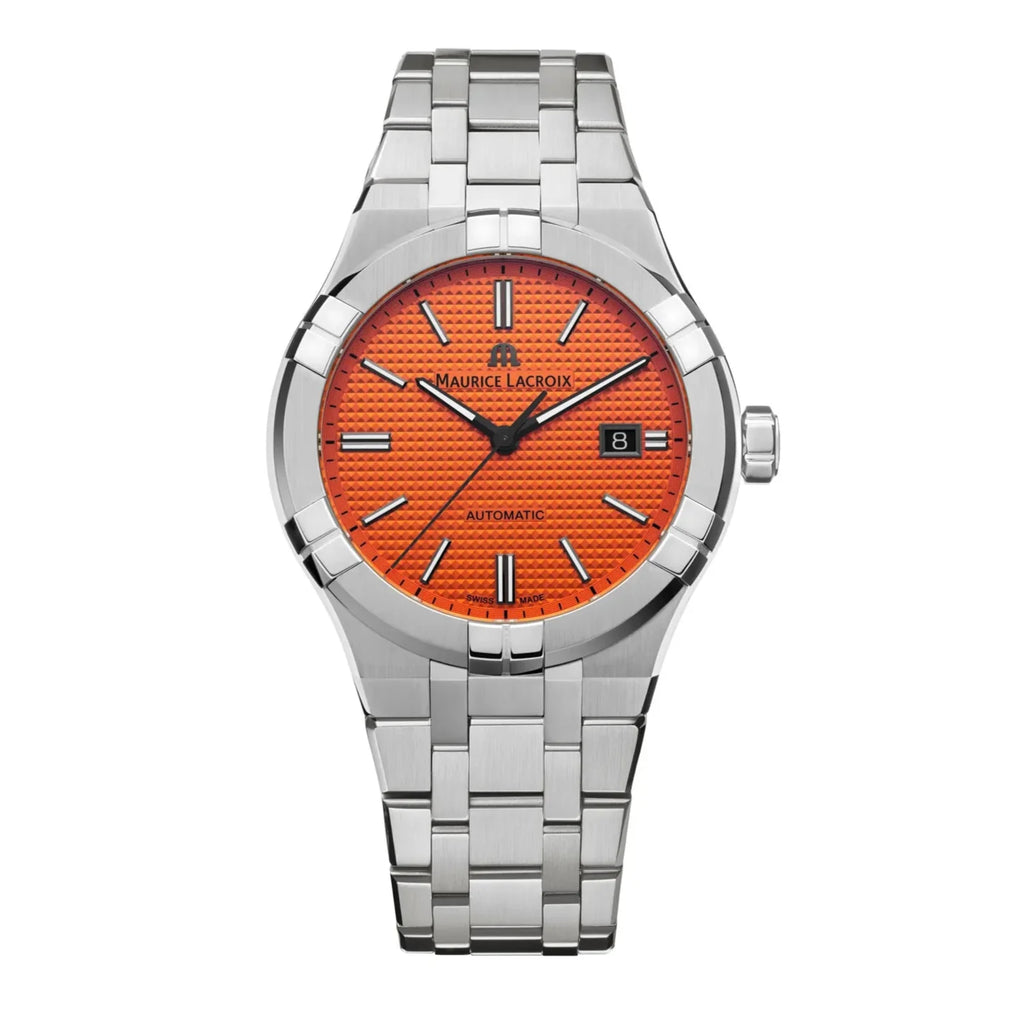 Maurice Lacroix Aikon Limited Edition Automatic Date Orange Dial Silver Steel Strap Watch For Men - AI6008-SS00F-530-1
