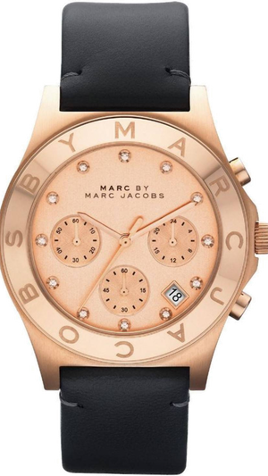 Marc Jacobs Blade Chronograph Rose Gold Dial Black Leather Strap Watch for Women - MBM1188