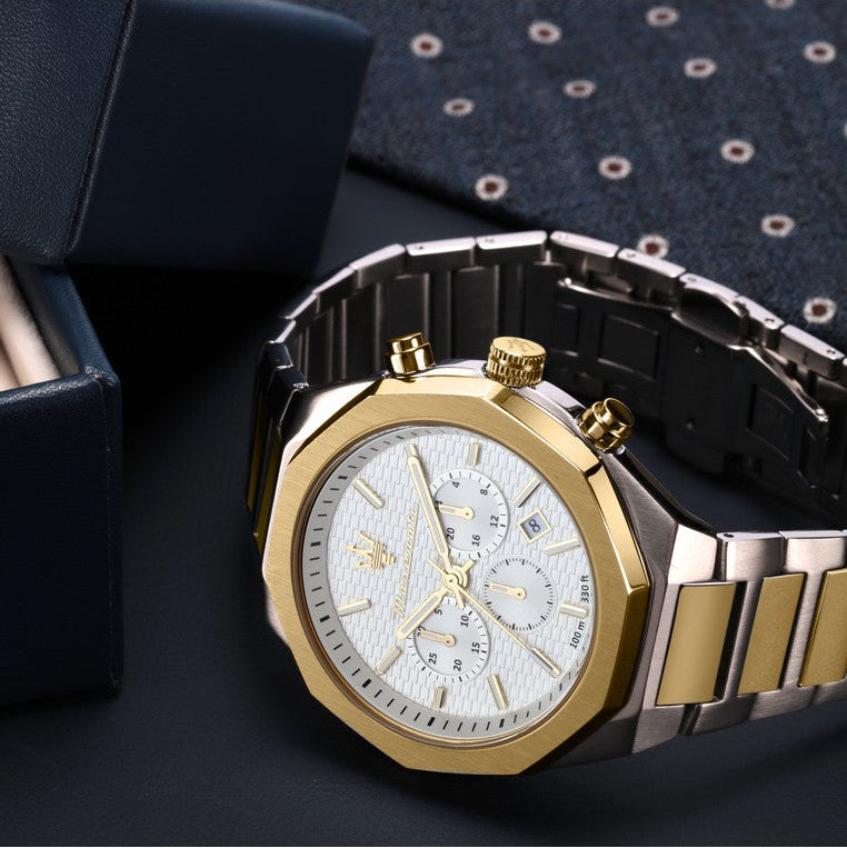 Maserati Stile Chronograph White Dial Two Tone Steel Strap Watch For Men - R8873642009