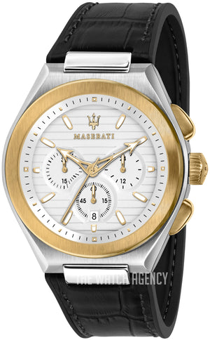 Maserati Triconic Chronograph White Dial Black Leather Strap Watch For Men - R8871639004