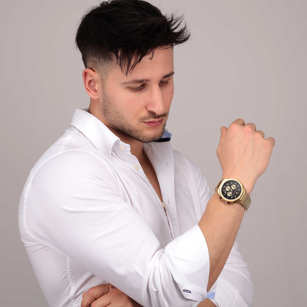 Maserati Stile 45mm Chronograph Black Dial Gold Steel Strap Watch For Men - R8873642001