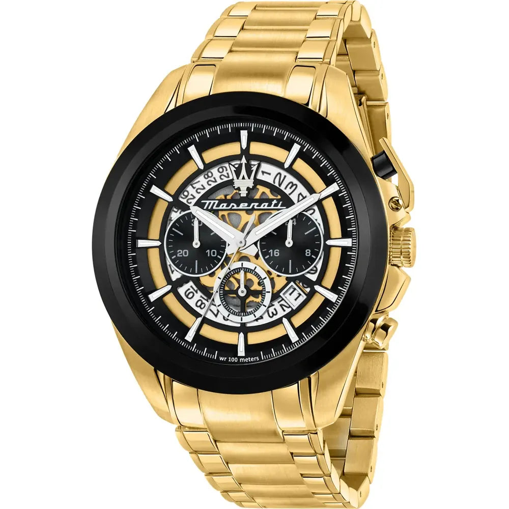 Maserati Traguardo Skeleton Black Dial Gold Steel Strap Watch For Men - R8873612058