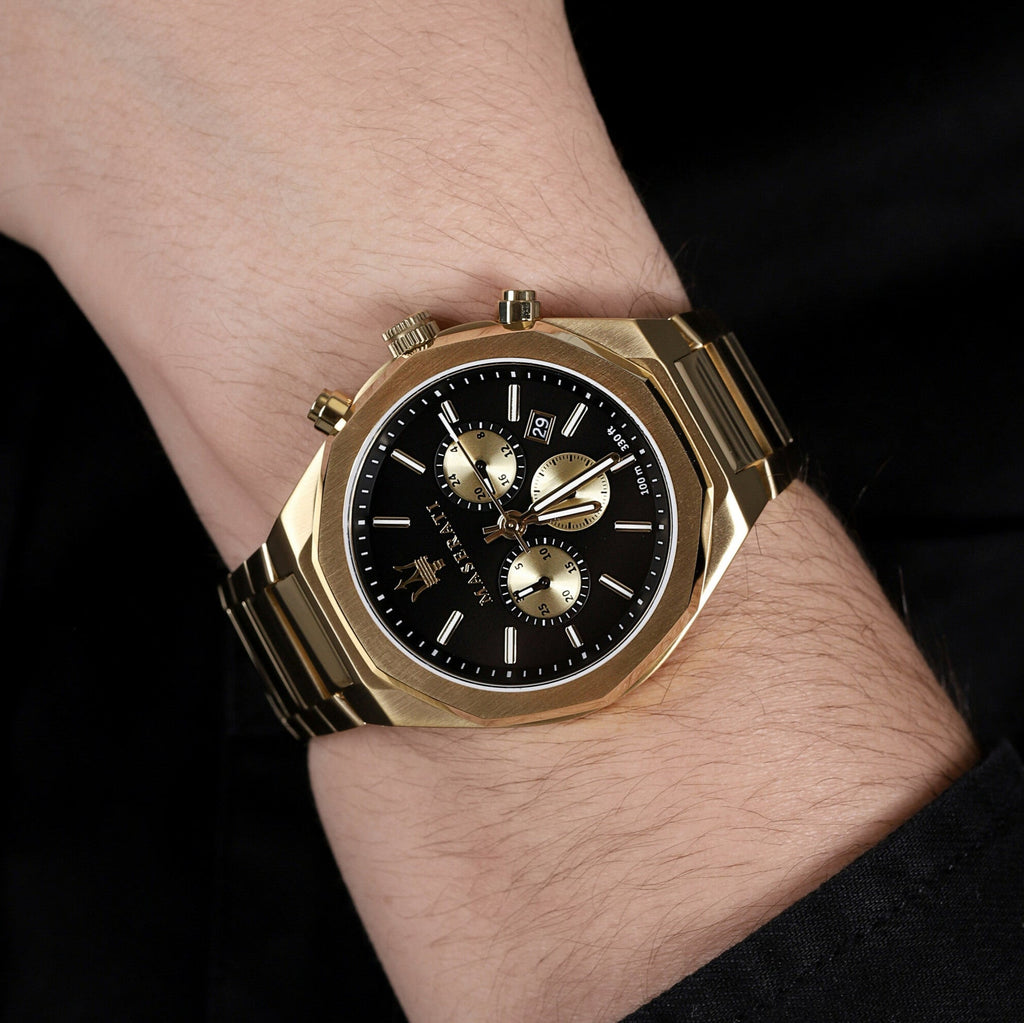 Maserati Stile 45mm Chronograph Black Dial Gold Steel Strap Watch For Men - R8873642001