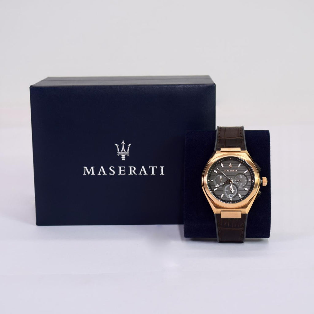 Maserati Triconic Chronograph Grey Dial Brown Leather Strap Watch For Men - R8871639003