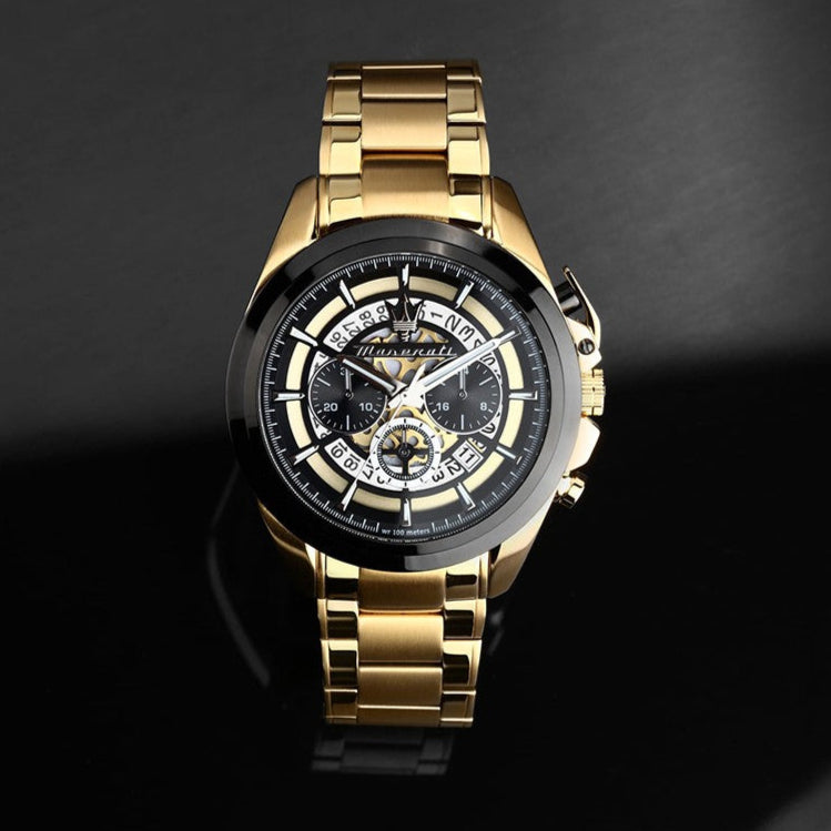 Maserati Traguardo Skeleton Black Dial Gold Steel Strap Watch For Men - R8873612058