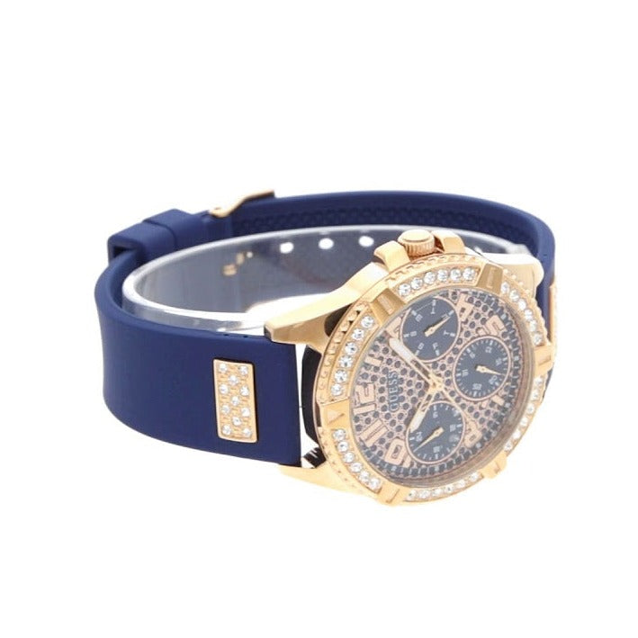 Guess Frontier DIamonds Gold Dial Blue Rubber Strap Watch For Women - W1160L3