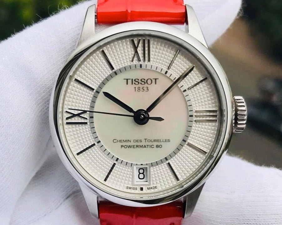 Tissot Chemin Des Tourelles Powermatic 80 Mother of Pearl White Dial Red Leather Strap Watch For Women - T099.207.16.118.00