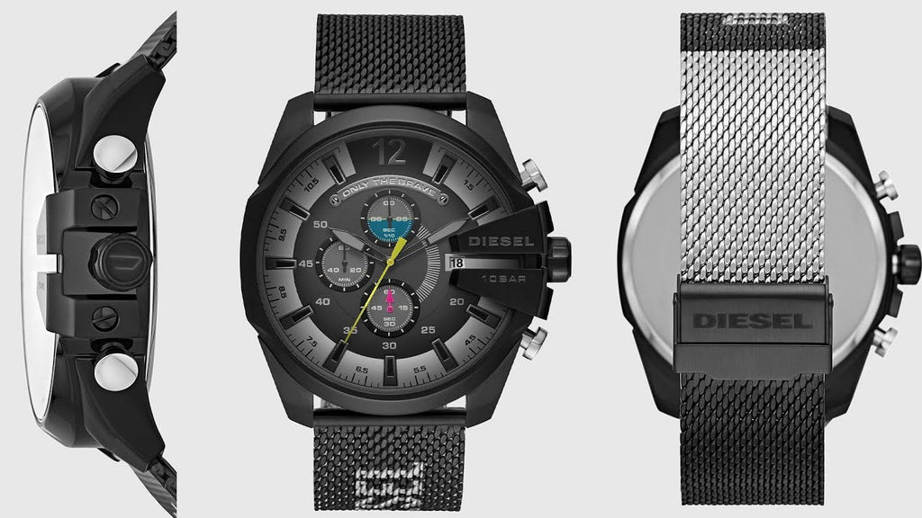 Diesel Mega Chief Chronograph Black Dial Black Mesh Bracelet Watch For Men - DZ4514