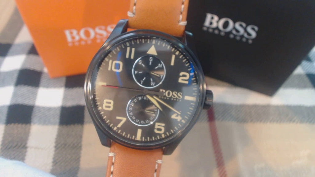 Hugo Boss Aeroliner Maxx Chronograph Black Dial Brown Leather Strap Watch For Men - 1513082