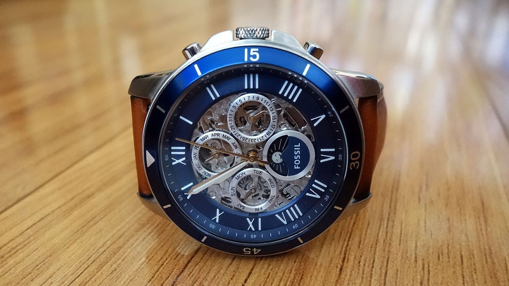 Fossil Grant Sport Automatic Skeleton Blue Dial Brown Leather Strap Watch for Men - ME3140