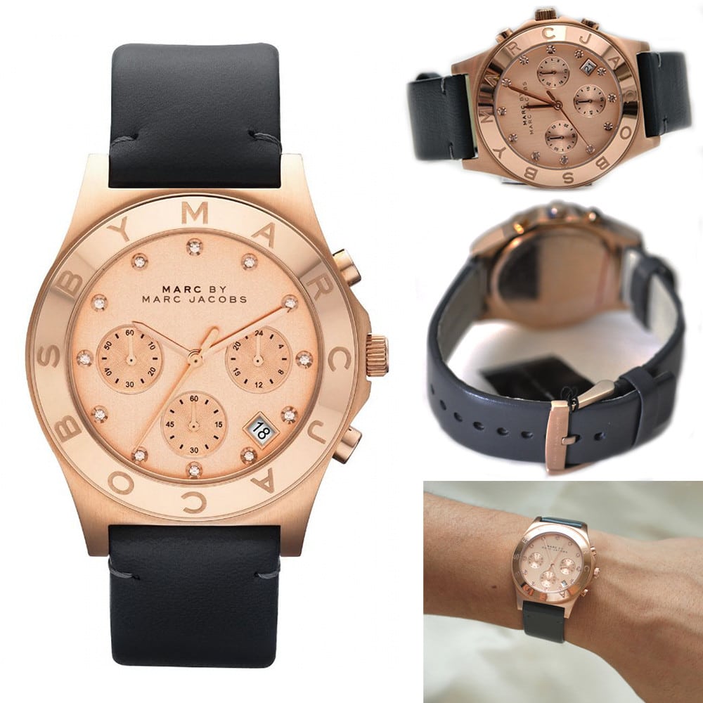 Marc Jacobs Blade Chronograph Rose Gold Dial Black Leather Strap Watch for Women - MBM1188