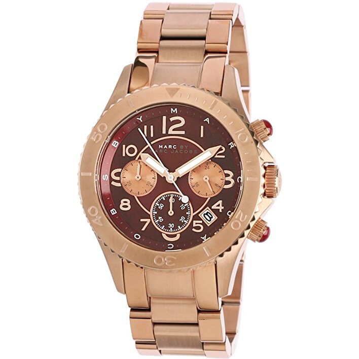Marc Jacobs Rock Chronograph Mother of Pearl Red Dial Rose Gold Steel Strap Unisex Watch - MBM3251