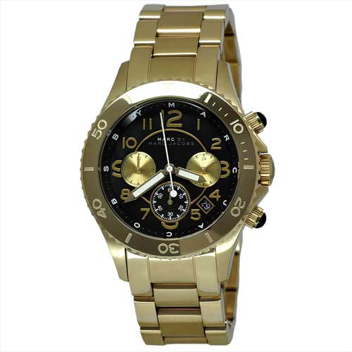 Marc Jacobs Rock Chronograph Black Dial Gold Steel Strap Watch for Women - MBM3253