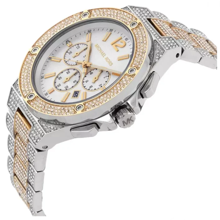 Michael Kors Lennox Pave Crystals Chronograph White Dial Two Tone Steel Strap Watch for Men - MK9150